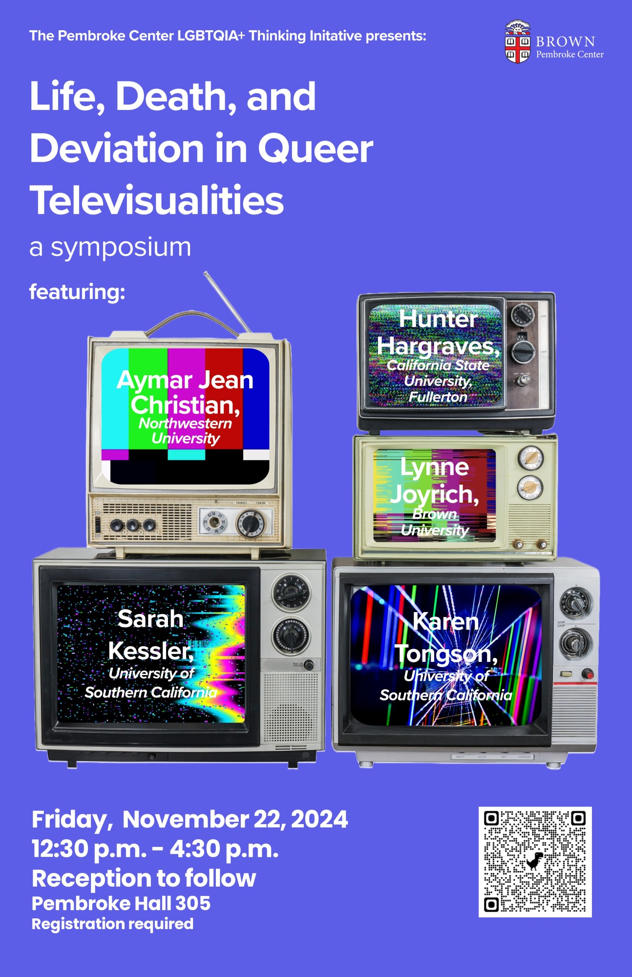 Promotional material for Life, Death, and Deviation in Queer Televisualities: A Symposium. The image features five old television sets. In each set is the name of a presenter.