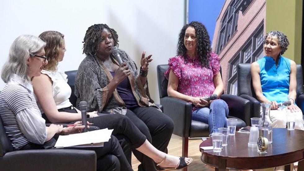 Image of Lauren Zalaznick ’84, P’17 ’19; Bernadette Aulestia ’94, P’23; Sara Crutchfield Clarke ’89; Jenny Kaplan ’14; and Yoruba Richen ’94