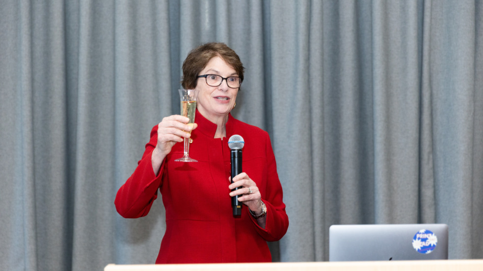 President Christina Paxson gives a toast to celebrate the refurbished building.